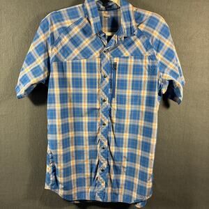 REI men shirt medium blue plaid pearl snap western outdoor hiking gorpcore rodeo